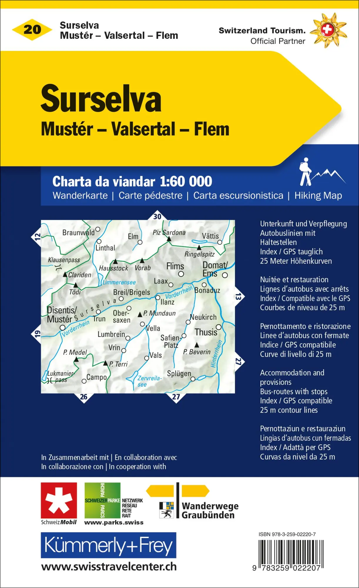 Rückseite: 9783259022207 | Surselva Nr. 20 Disentis - Walsertal - Flims, Wanderkarte 1:60 000