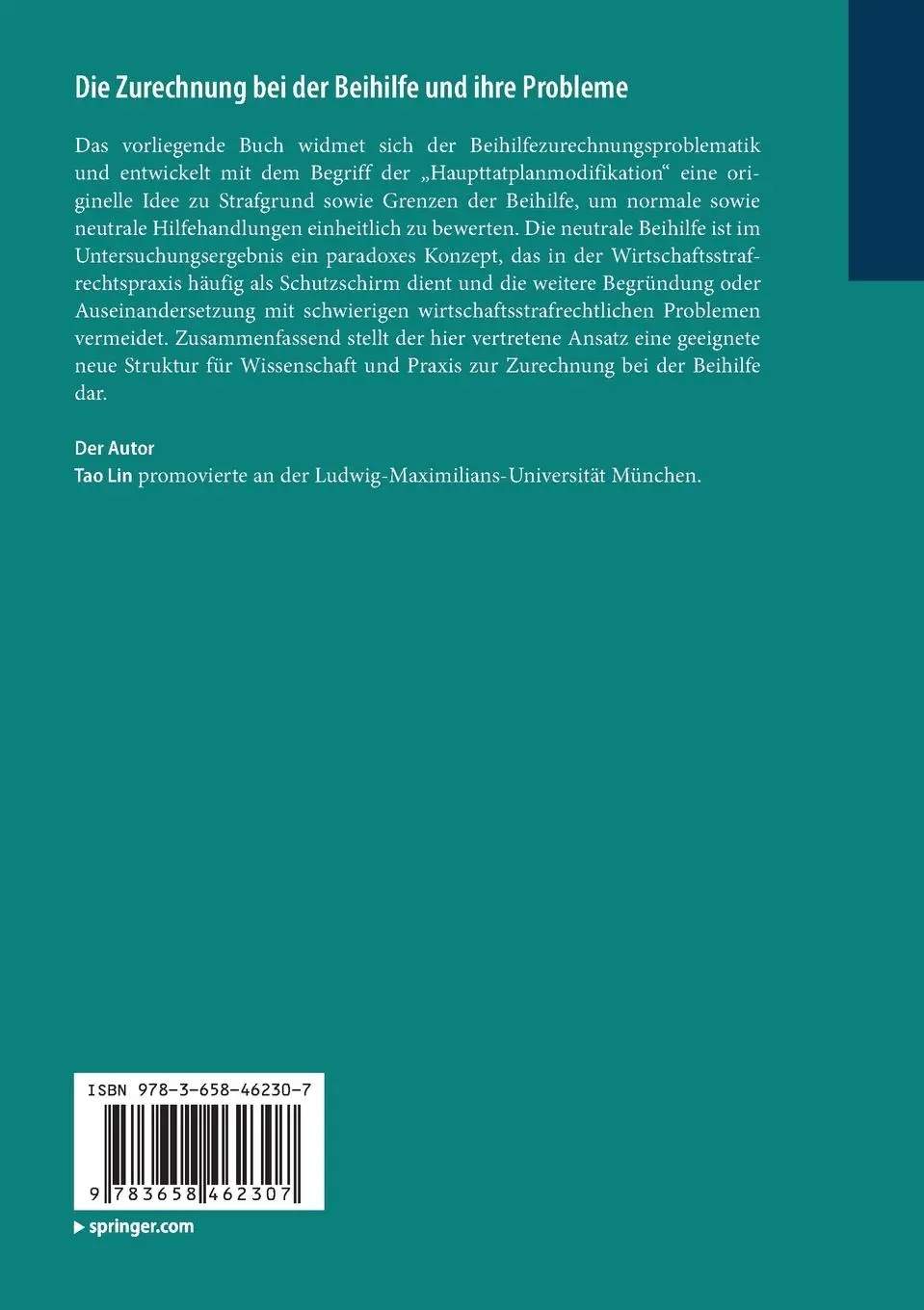 Rückseite: 9783658462307 | Die Zurechnung bei der Beihilfe und ihre Probleme | Tao Lin | Buch