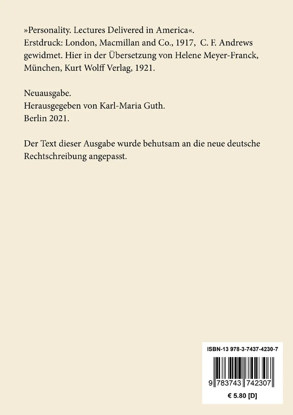 Rückseite: 9783743742307 | Persönlichkeit | Rabindranath Tagore | Taschenbuch | 104 S. | Deutsch