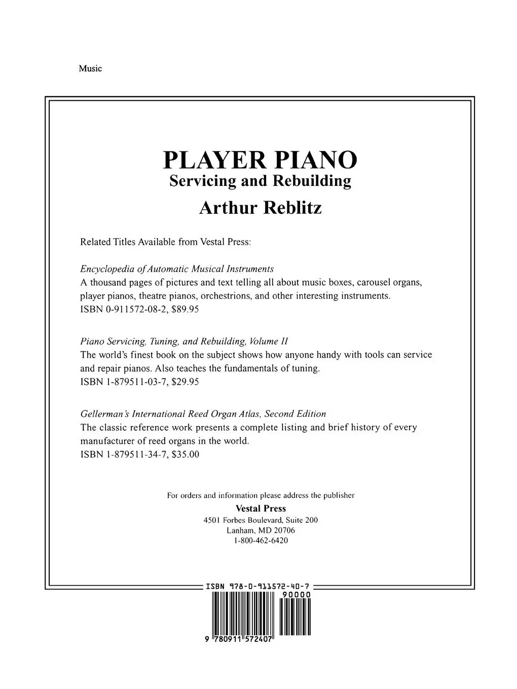 Rückseite: 9780911572407 | Player Piano | Servicing and Rebuilding | Arthur A. Reblitz | Buch