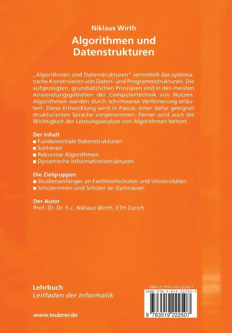Rückseite: 9783519222507 | Algorithmen und Datenstrukturen | Pascal-Version | Niklaus Wirth