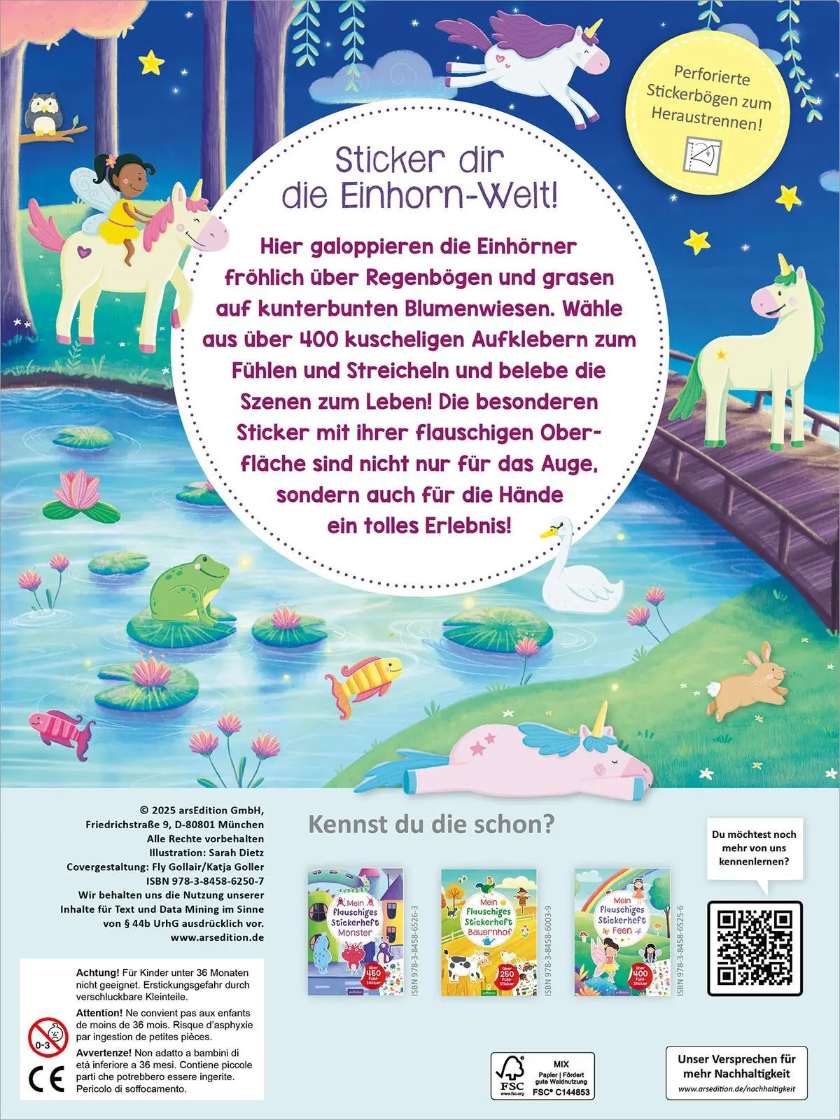 Rückseite: 9783845862507 | Mein flauschiges Stickerheft - Einhörner | Über 400 Fühl-Sticker