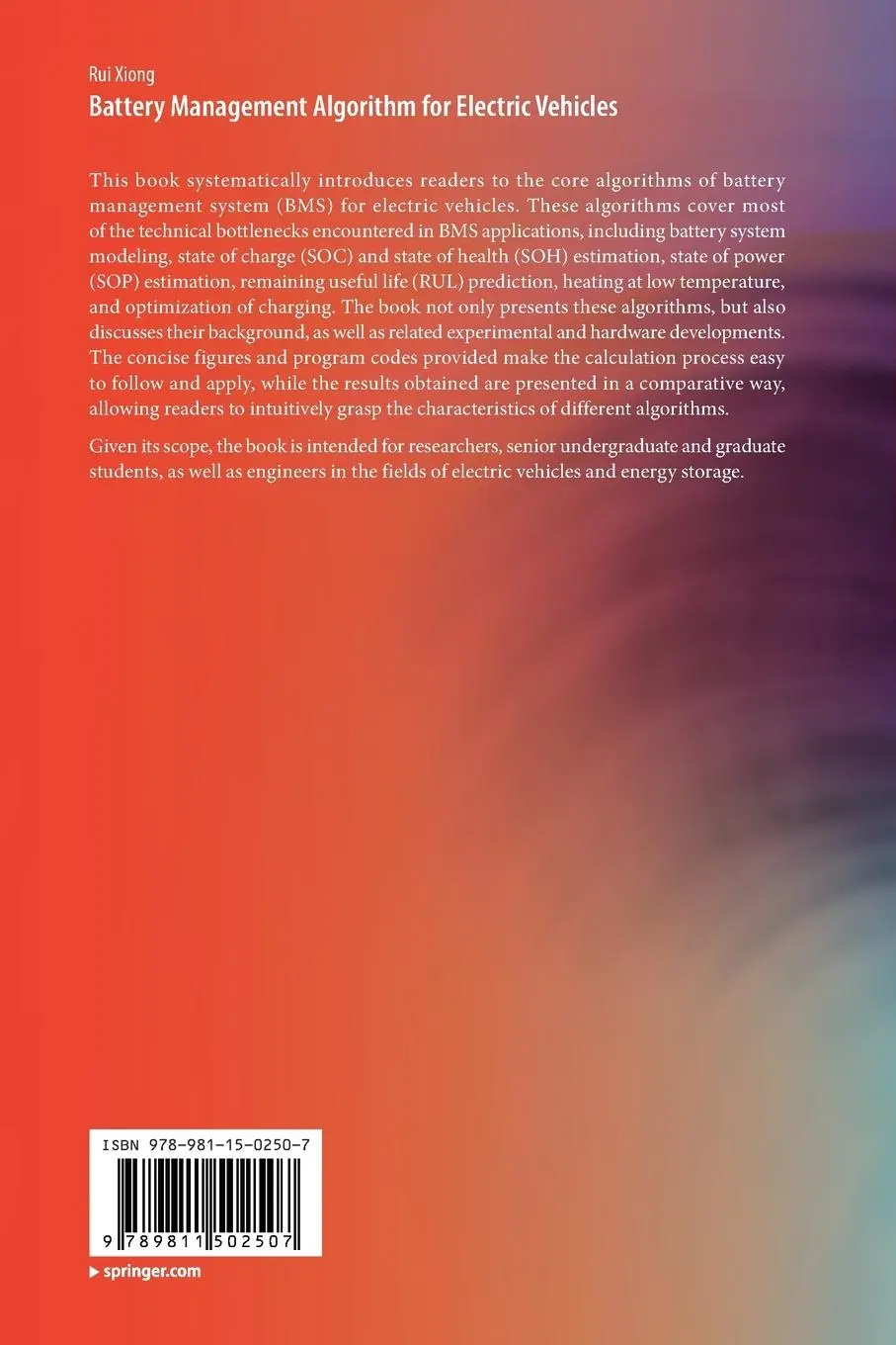 Rückseite: 9789811502507 | Battery Management Algorithm for Electric Vehicles | Rui Xiong | Buch