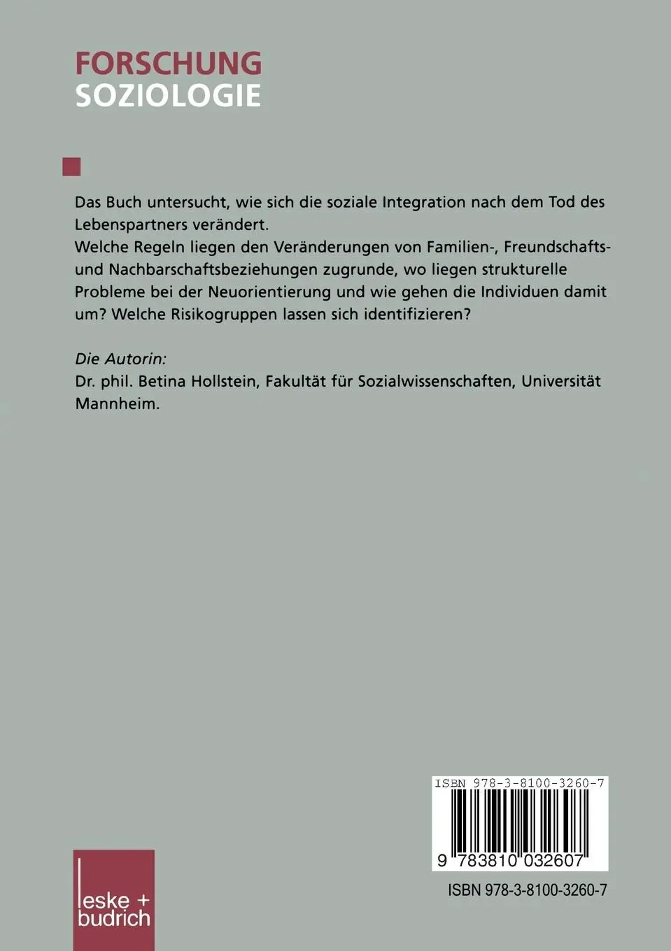 Rückseite: 9783810032607 | Soziale Netzwerke nach der Verwitwung | Betina Hollstein | Taschenbuch