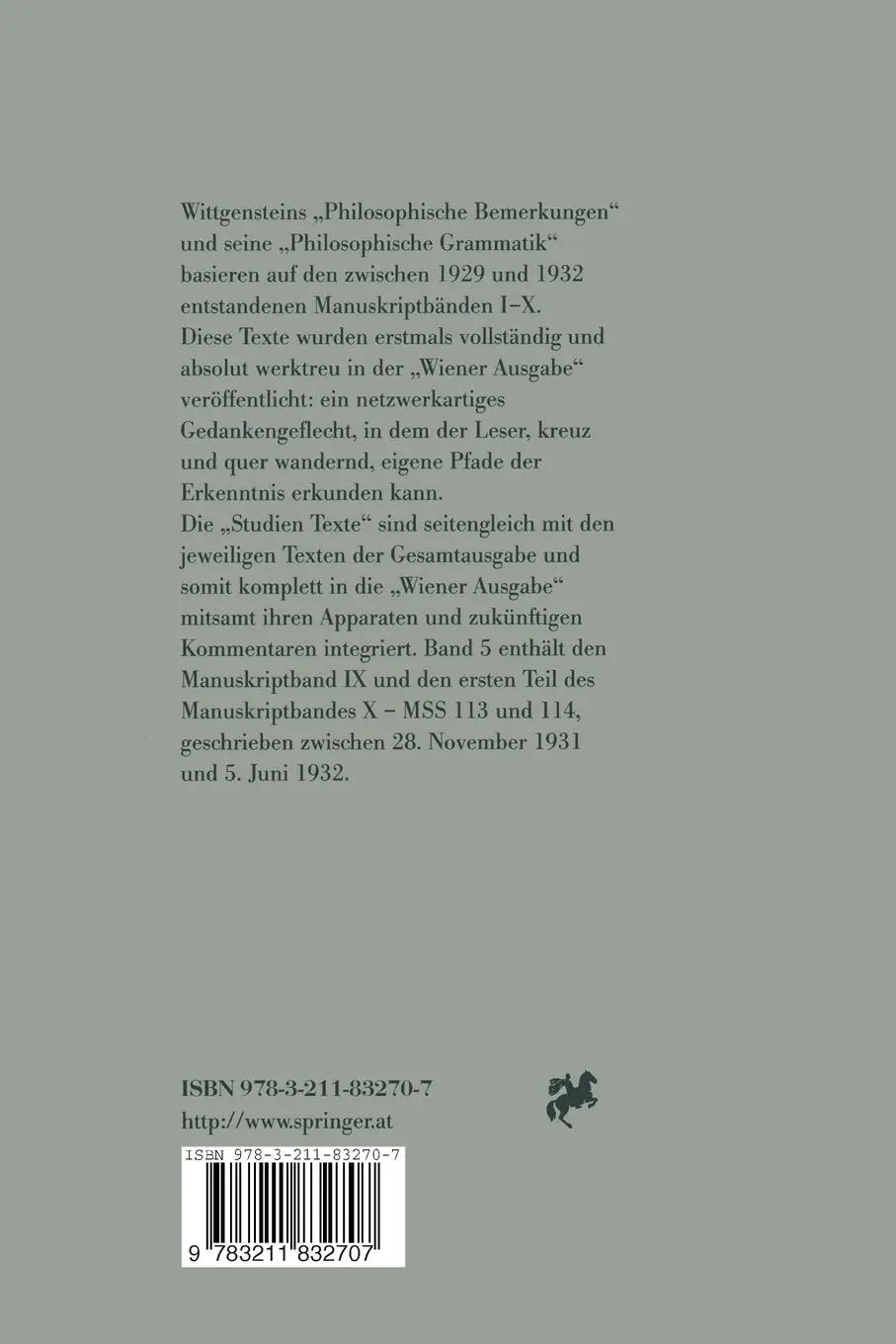 Rückseite: 9783211832707 | Wiener Ausgabe Studien Texte | Band 5: Philosophische Grammatik | Buch