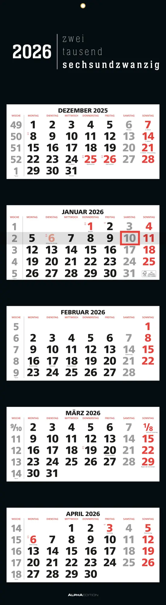 Cover: 4069095002807 | 5-Monatskalender Black 2026 - Büro-Kalender 33x20 cm (geschlossen),...