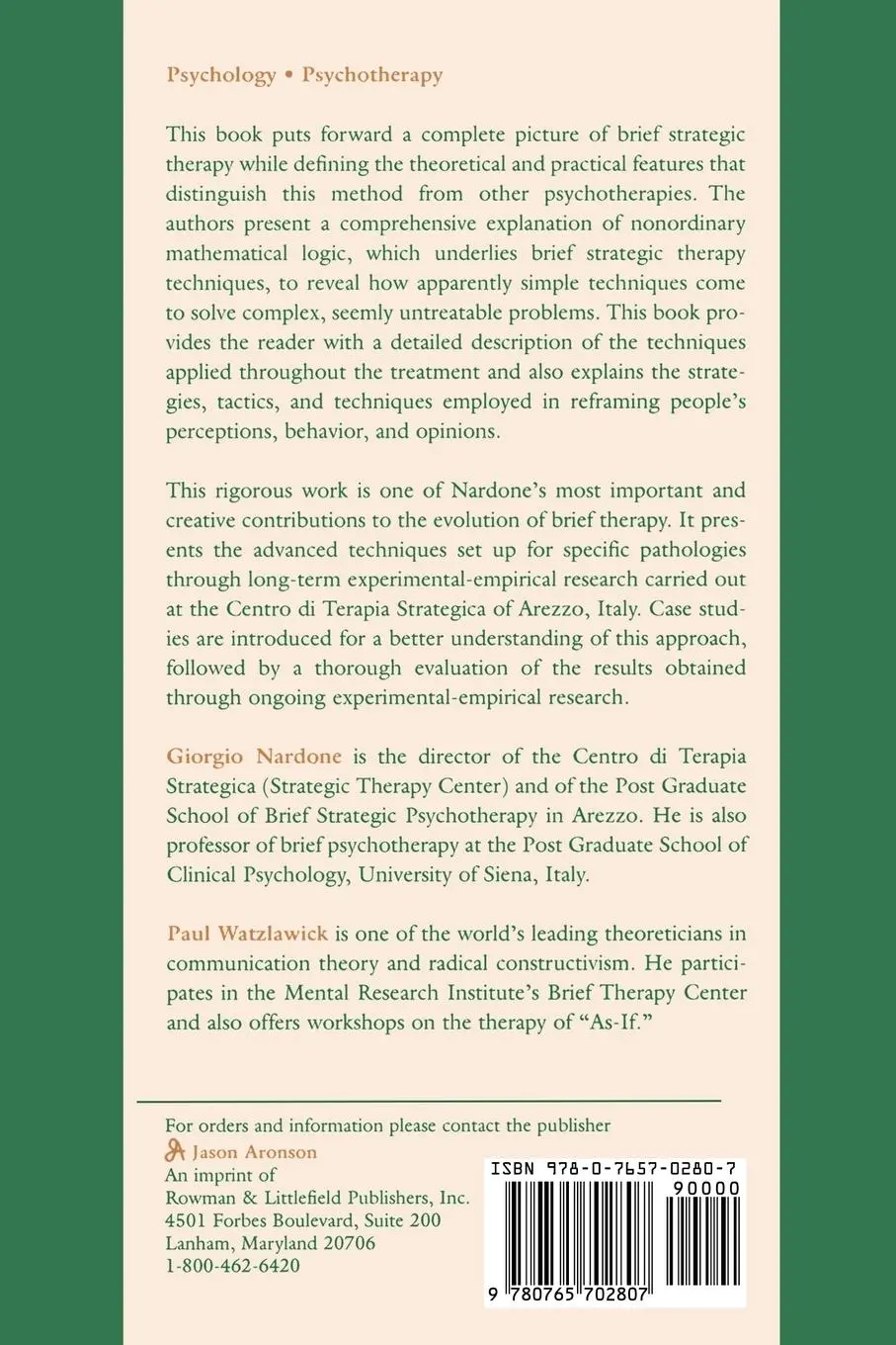 Rückseite: 9780765702807 | Brief Strategic Therapy | Philosophy, Techniques, and Research | Buch