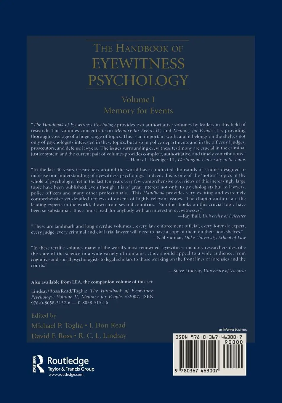 Rückseite: 9780367463007 | The Handbook of Eyewitness Psychology | Volume I: Memory for Events