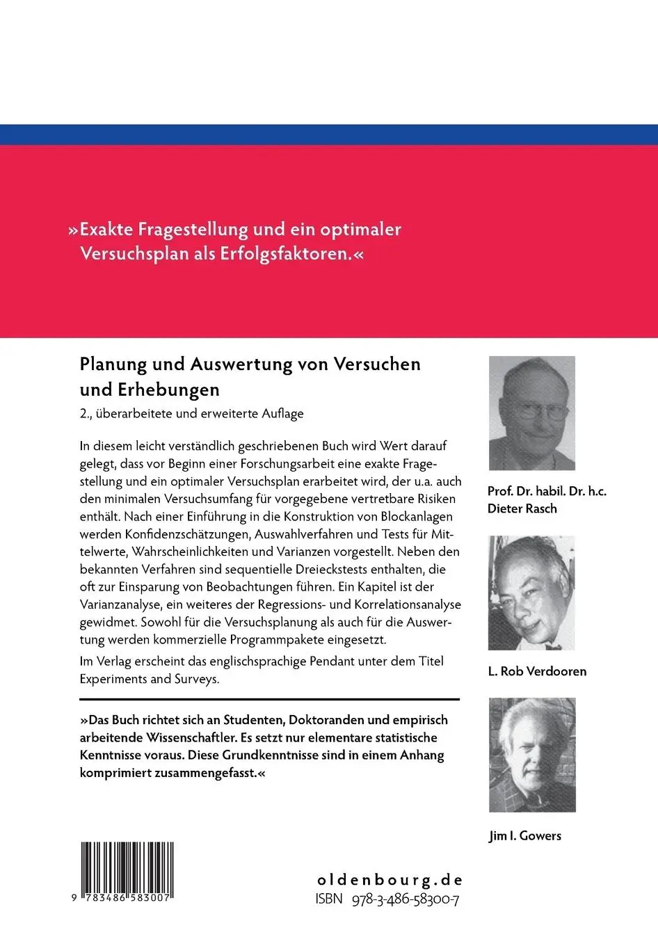 Rückseite: 9783486583007 | Planung und Auswertung von Versuchen und Erhebungen | Rasch (u. a.)