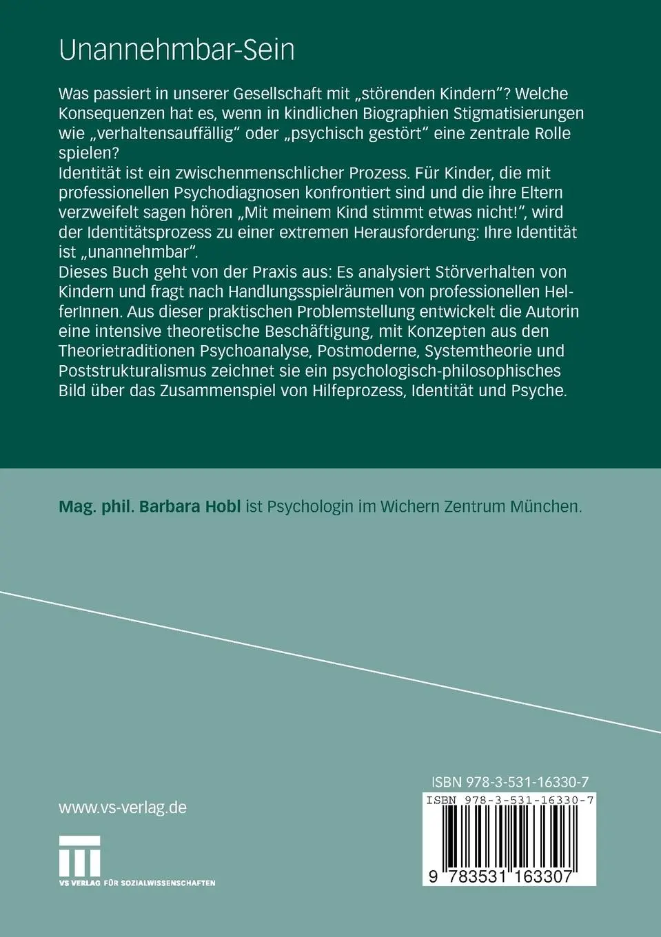 Rückseite: 9783531163307 | Unannehmbar-Sein | Kindliche Identität im Dialog | Barbara Hobl | Buch