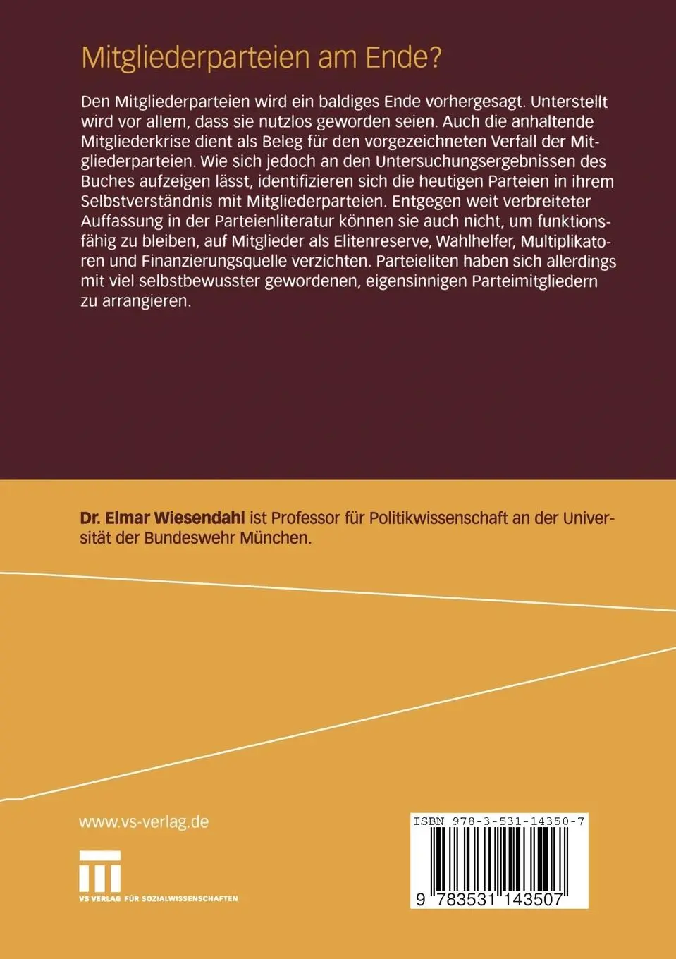 Rückseite: 9783531143507 | Mitgliederparteien am Ende? | Eine Kritik der Niedergangsdiskussion