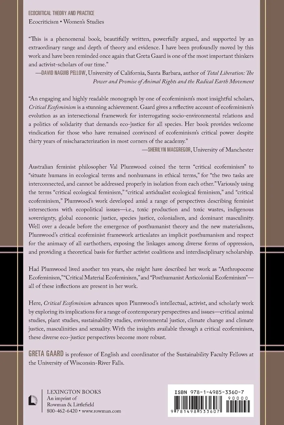 Rückseite: 9781498533607 | Critical Ecofeminism | Greta Gaard | Taschenbuch | Englisch | 2019