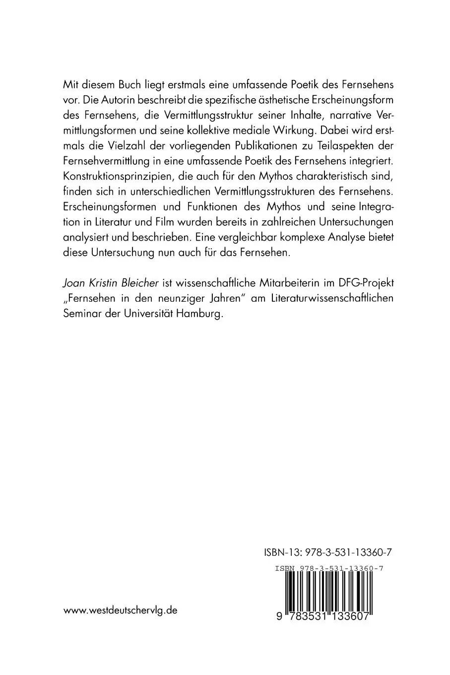 Rückseite: 9783531133607 | Fernsehen als Mythos | Poetik eines narrativen Erkenntnissystems