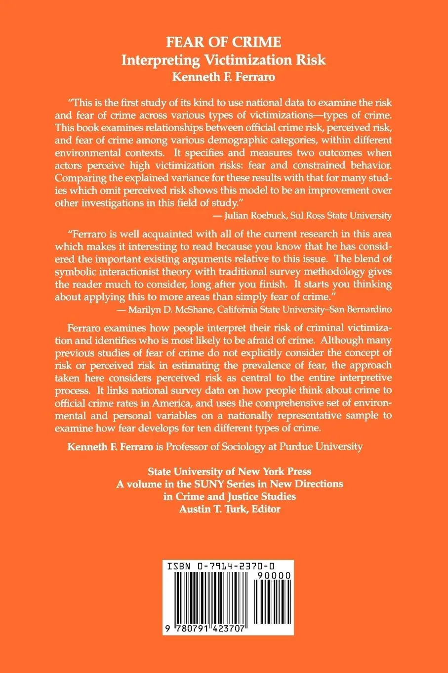 Rückseite: 9780791423707 | Fear of Crime | Interpreting Victimization Risk | Kenneth F. Ferraro