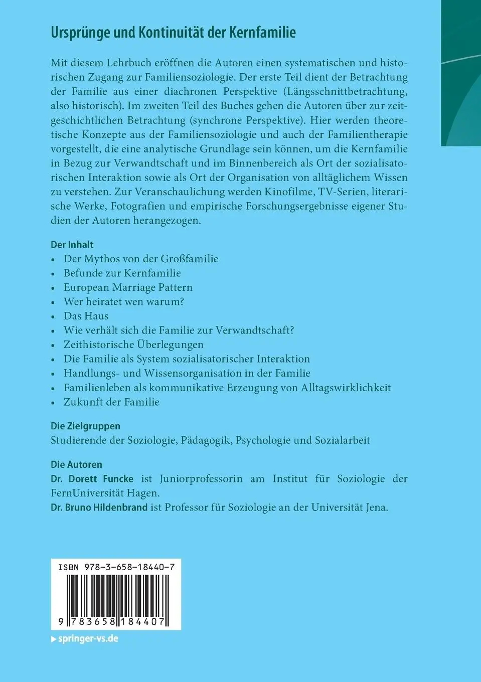 Rückseite: 9783658184407 | Ursprünge und Kontinuität der Kernfamilie | Bruno Hildenbrand (u. a.)