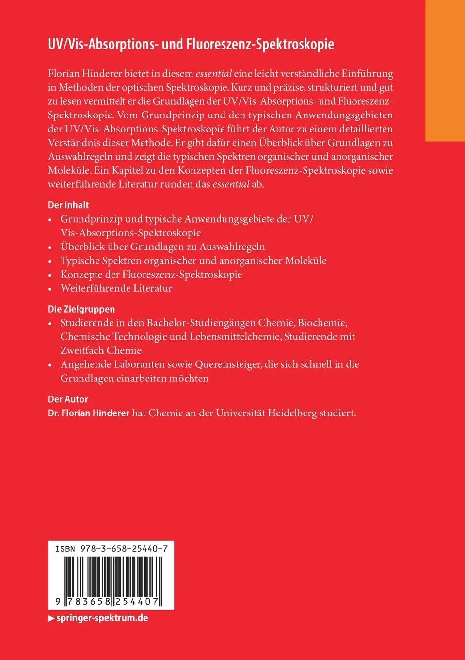 Rückseite: 9783658254407 | UV/Vis-Absorptions- und Fluoreszenz-Spektroskopie | Florian Hinderer