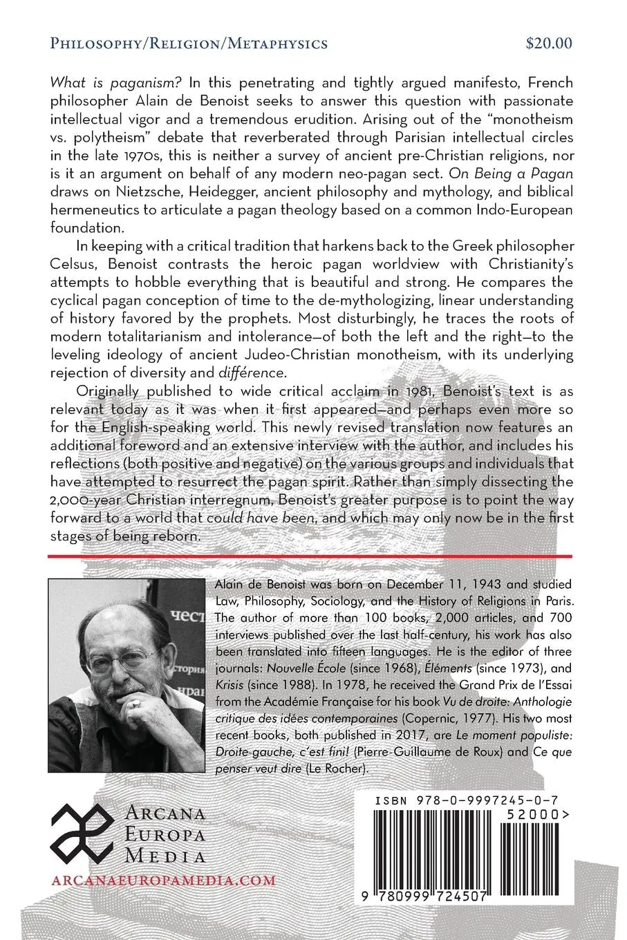 Rückseite: 9780999724507 | On Being a Pagan | Alain De Benoist | Taschenbuch | Englisch | 2018