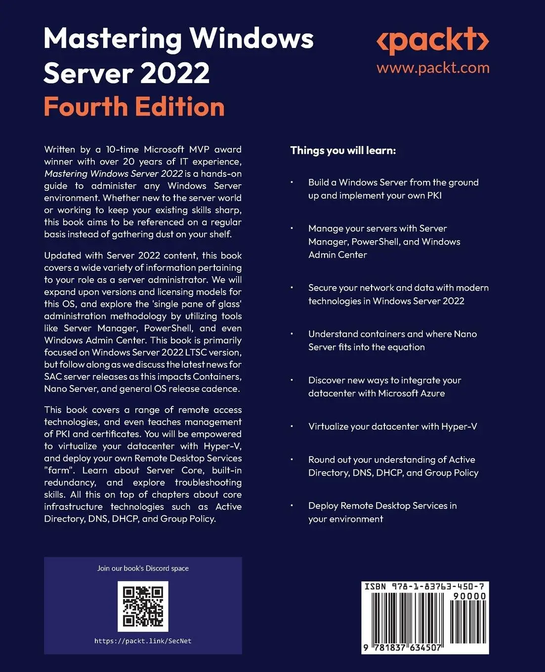 Rückseite: 9781837634507 | Mastering Windows Server 2022 - Fourth Edition | Jordan Krause | Buch
