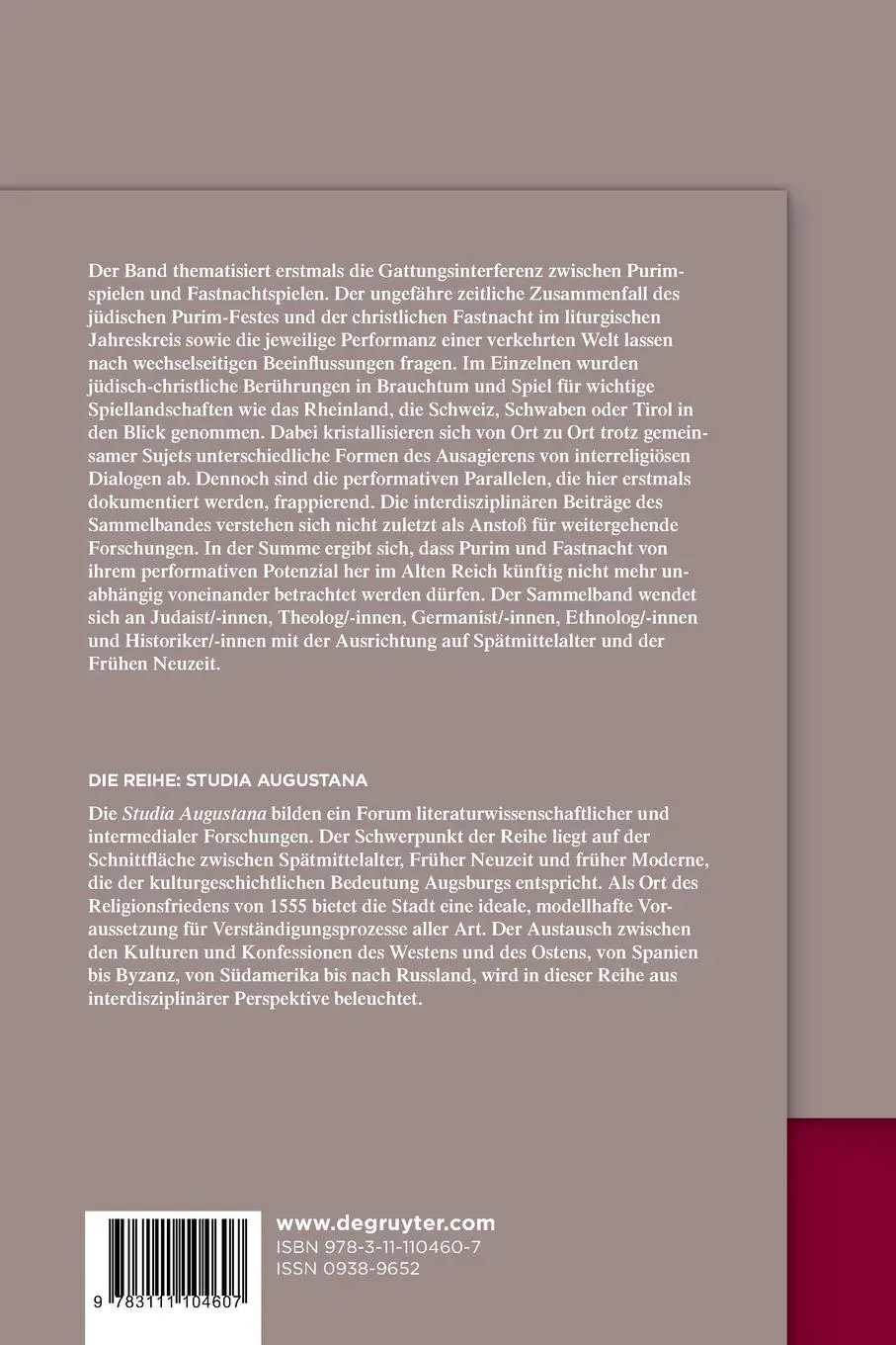 Rückseite: 9783111104607 | Purimspiel und Fastnachtspiel | Klaus Wolf | Taschenbuch | ISSN | VI