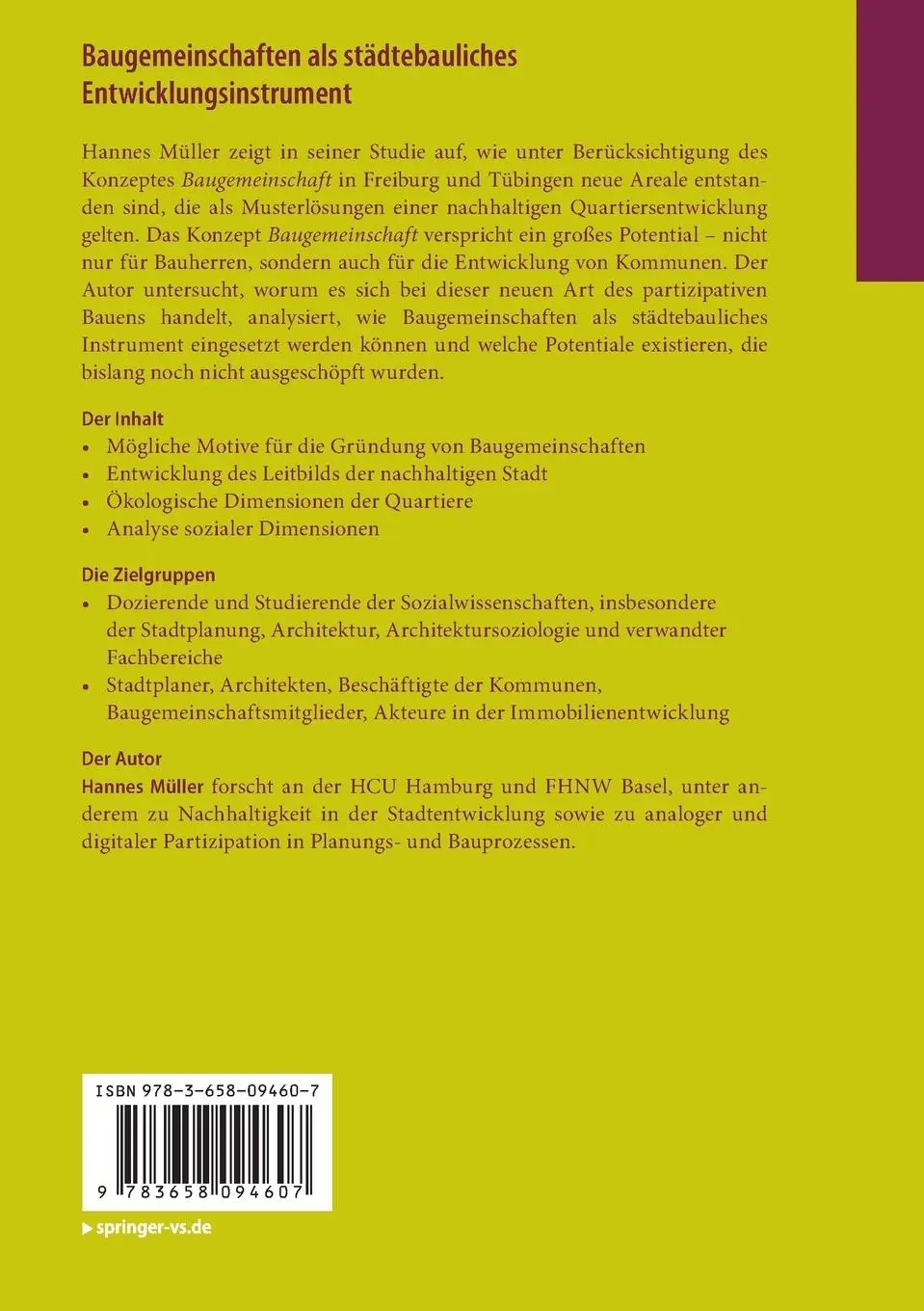 Rückseite: 9783658094607 | Baugemeinschaften als städtebauliches Entwicklungsinstrument | Müller