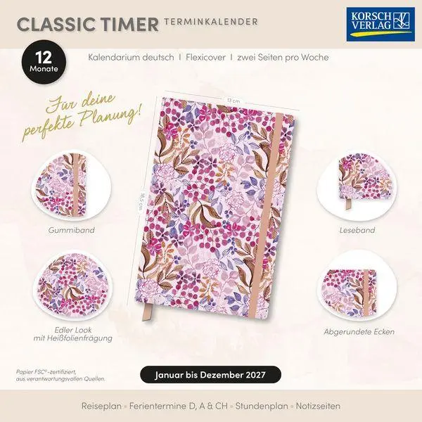Bild: 9783819305207 | Terminkalender Classic Timer Pink Flowers 2027 | Korsch Verlag | Buch