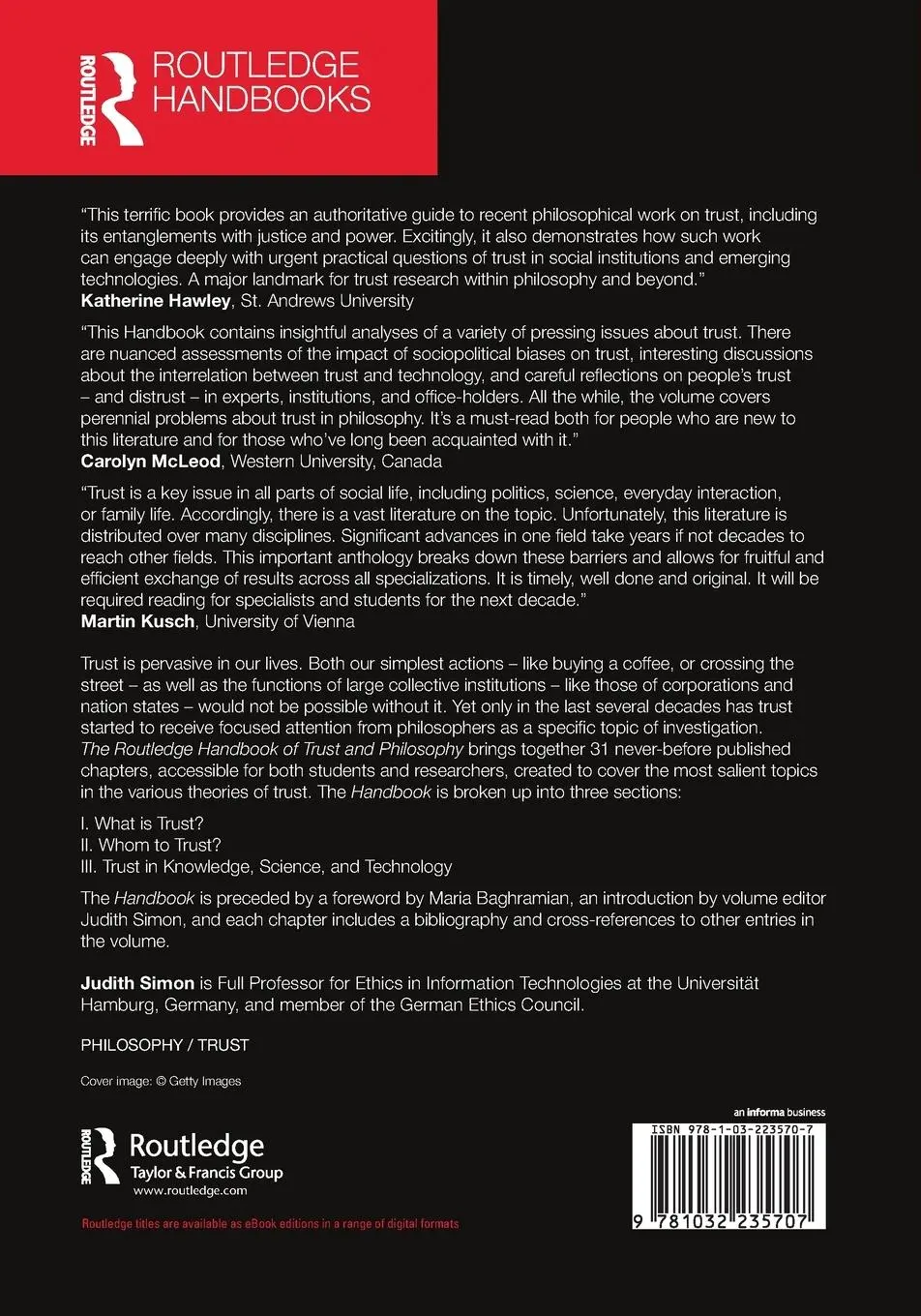 Rückseite: 9781032235707 | The Routledge Handbook of Trust and Philosophy | Judith Simon | Buch