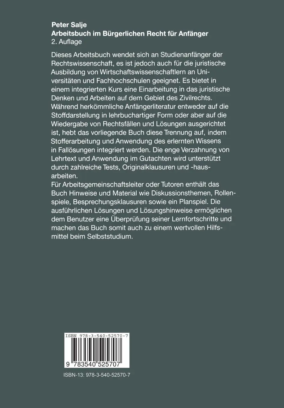 Rückseite: 9783540525707 | Arbeitsbuch im Bürgerlichen Recht für Anfänger | Peter Salje | Buch
