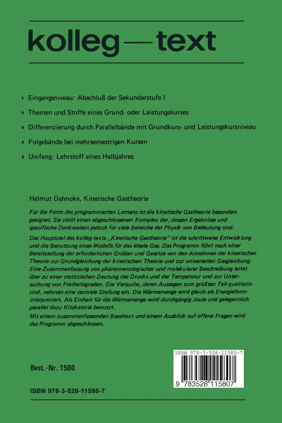Rückseite: 9783528115807 | Kinetische Gastheorie | Lernprogramm | Helmut Dahncke | Taschenbuch