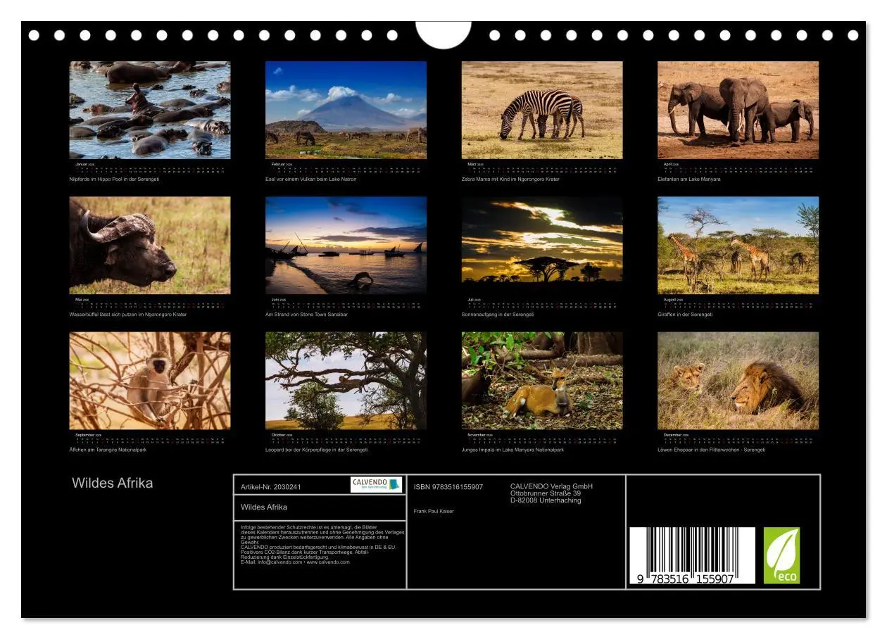 Bild: 9783516155907 | Wildes Afrika (Wandkalender 2026 DIN A4 quer), CALVENDO Monatskalender