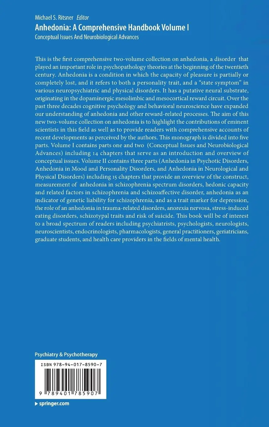 Rückseite: 9789401785907 | Anhedonia: A Comprehensive Handbook Volume I | Michael S. Ritsner