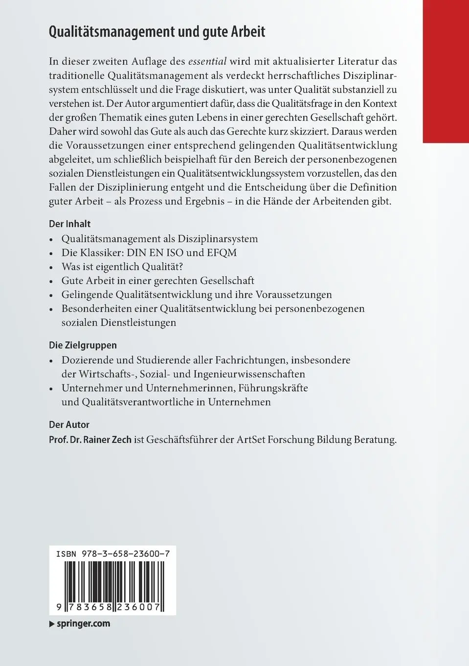 Rückseite: 9783658236007 | Qualitätsmanagement und gute Arbeit | Rainer Zech | Taschenbuch | x