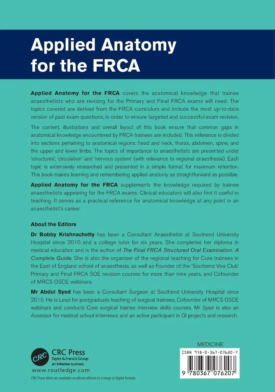 Rückseite: 9780367076207 | Applied Anatomy for the FRCA | Bobby Krishnachetty (u. a.) | Buch