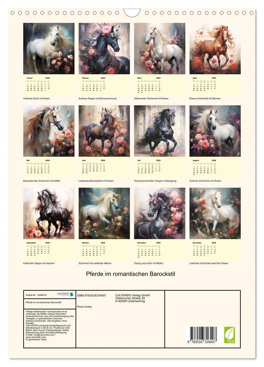 Bild: 9783516316407 | Pferde im romantischen Barockstil (Wandkalender 2026 DIN A3 hoch),...