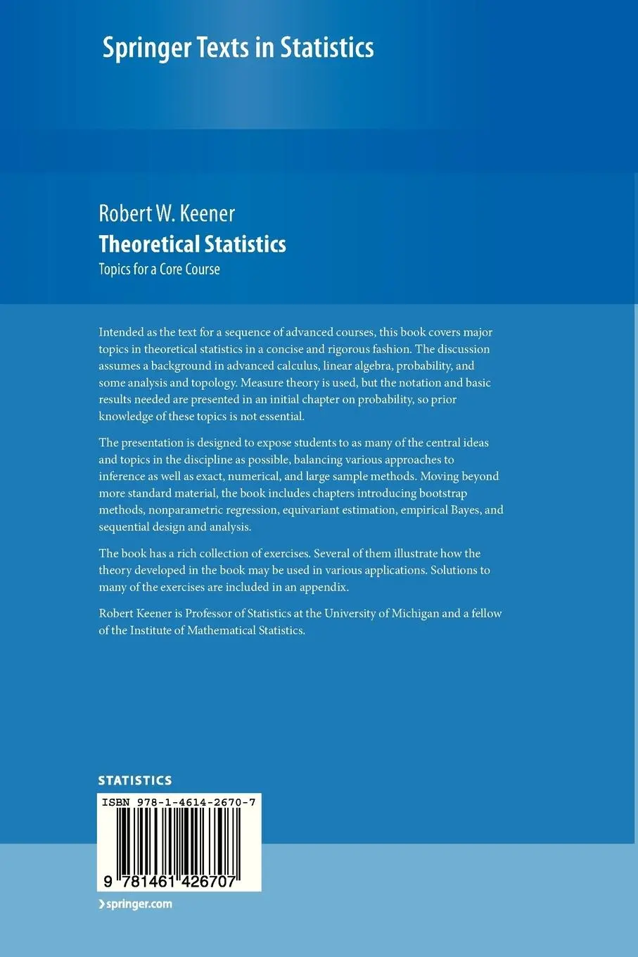 Rückseite: 9781461426707 | Theoretical Statistics | Topics for a Core Course | Robert W. Keener