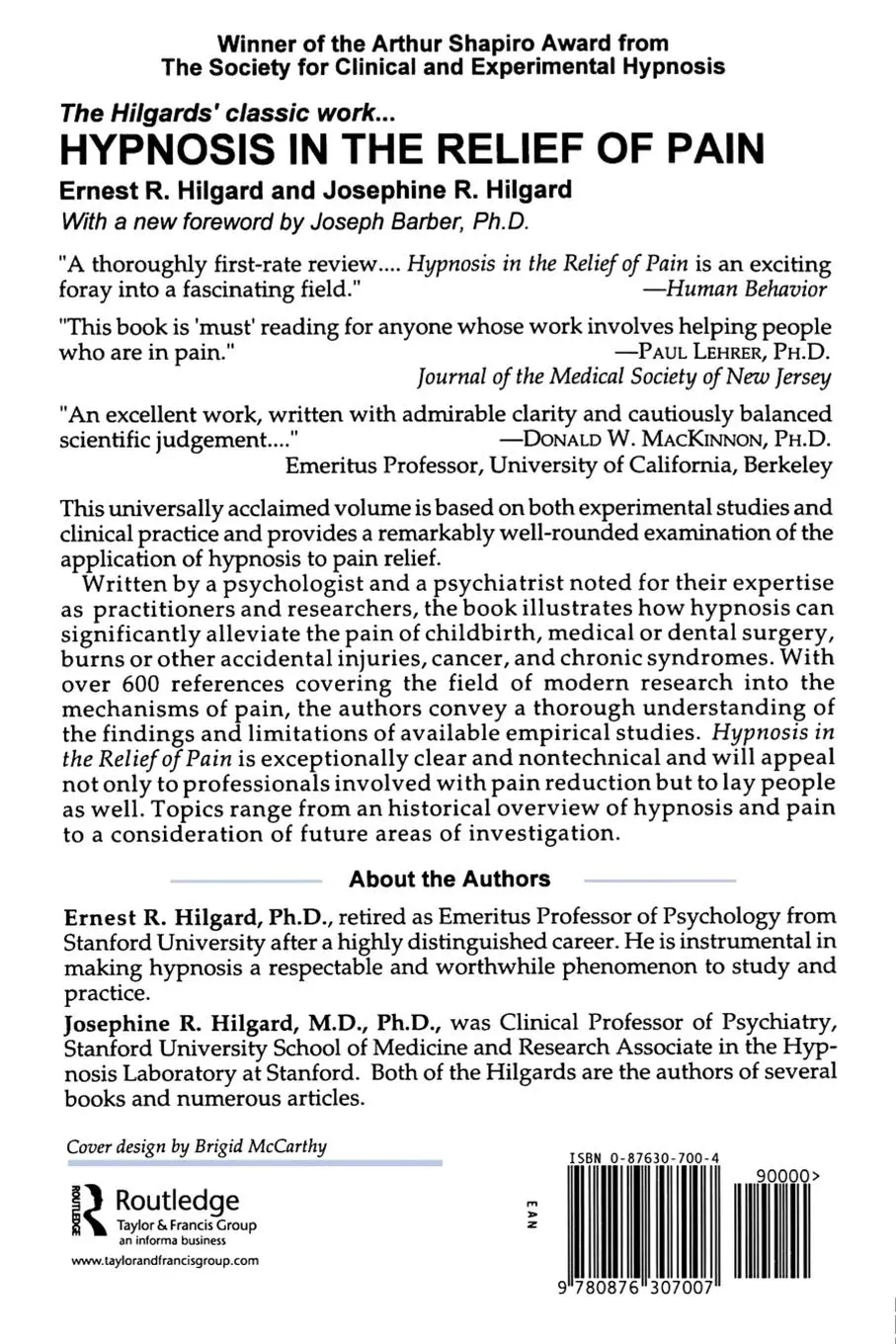 Rückseite: 9780876307007 | Hypnosis In The Relief Of Pain | Ernest R. Hilgard (u. a.) | Buch
