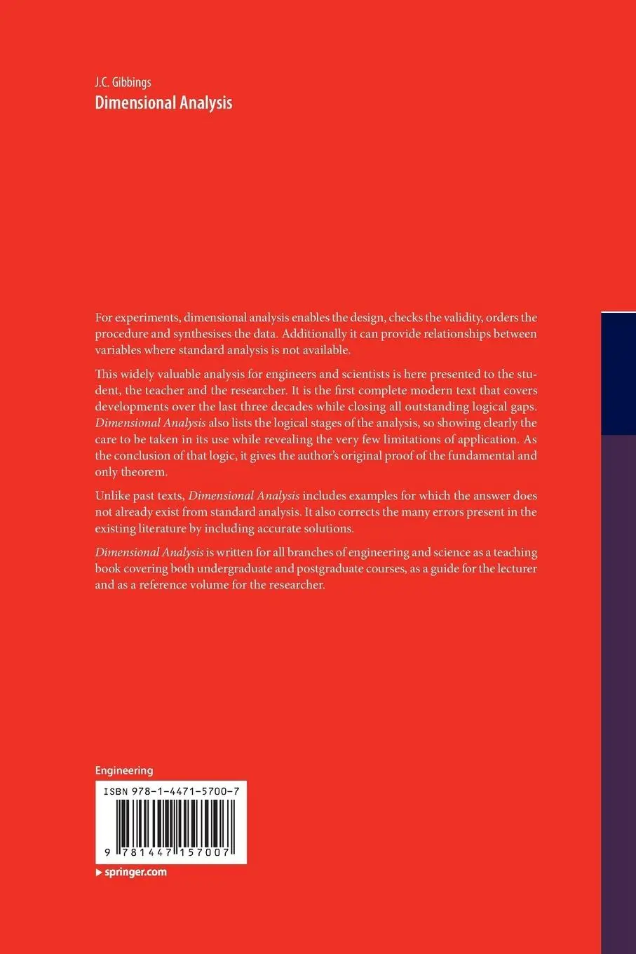 Rückseite: 9781447157007 | Dimensional Analysis | J. C. Gibbings | Taschenbuch | xiii | Englisch