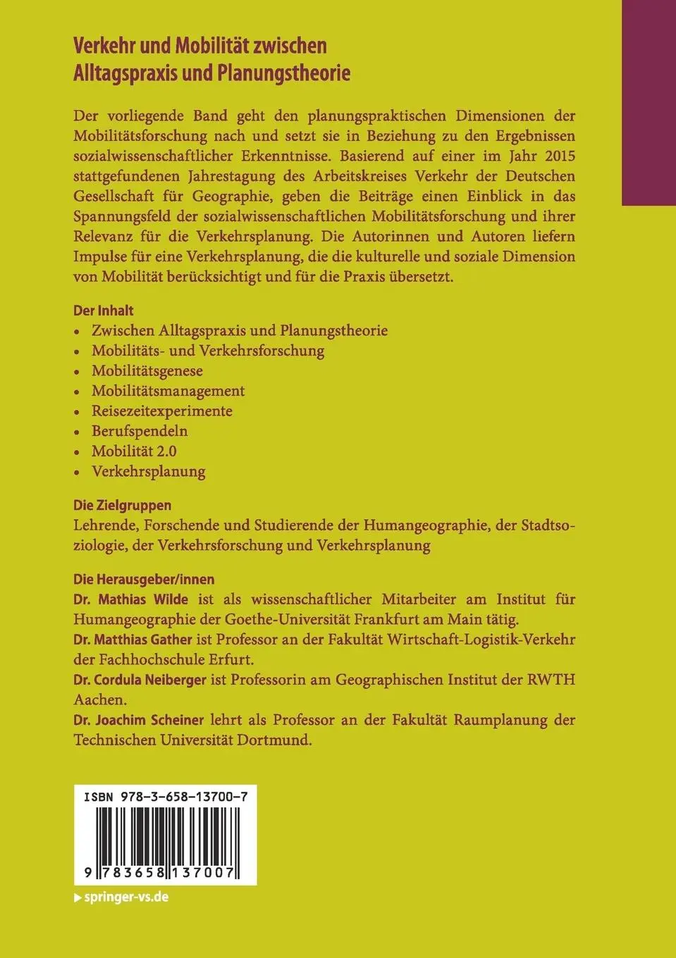 Rückseite: 9783658137007 | Verkehr und Mobilität zwischen Alltagspraxis und Planungstheorie