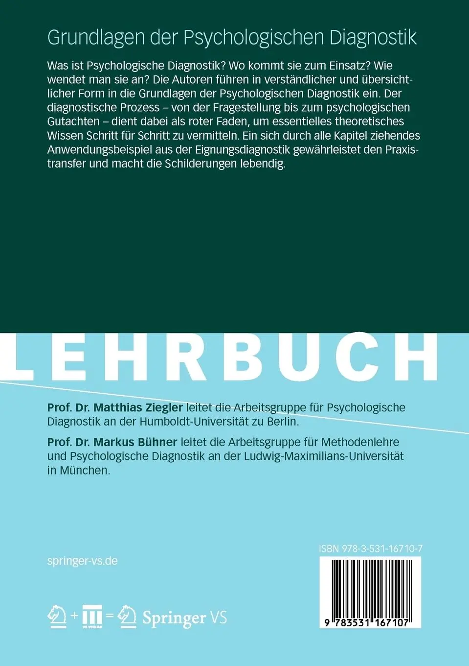Rückseite: 9783531167107 | Grundlagen der Psychologischen Diagnostik | Matthias Ziegler (u. a.)