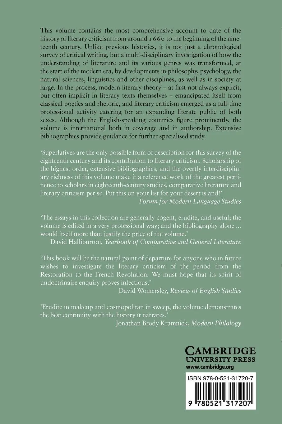 Rückseite: 9780521317207 | The Cambridge History of Literary Criticism | H. B. Nisbet (u. a.)