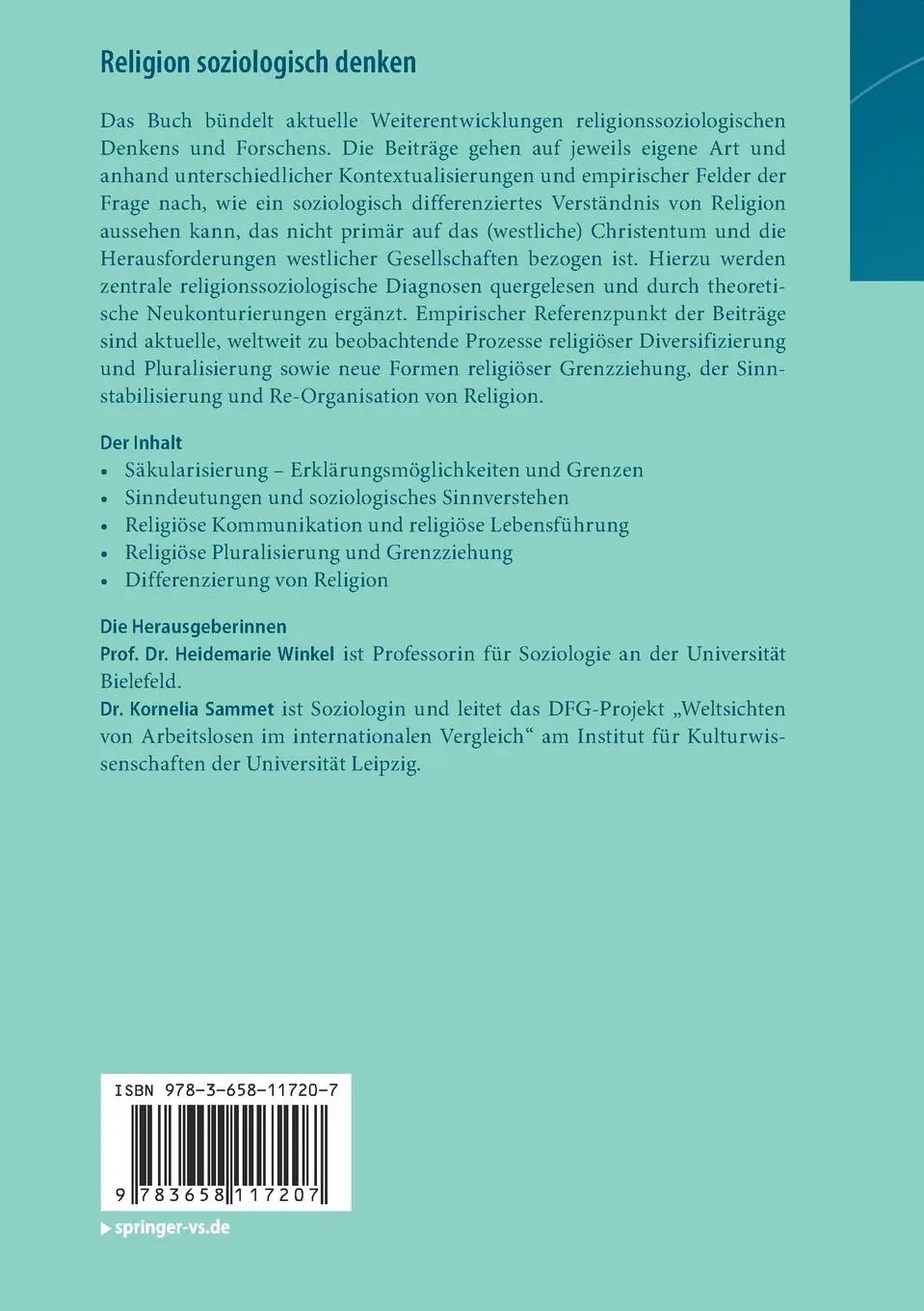 Rückseite: 9783658117207 | Religion soziologisch denken | Kornelia Sammet (u. a.) | Taschenbuch