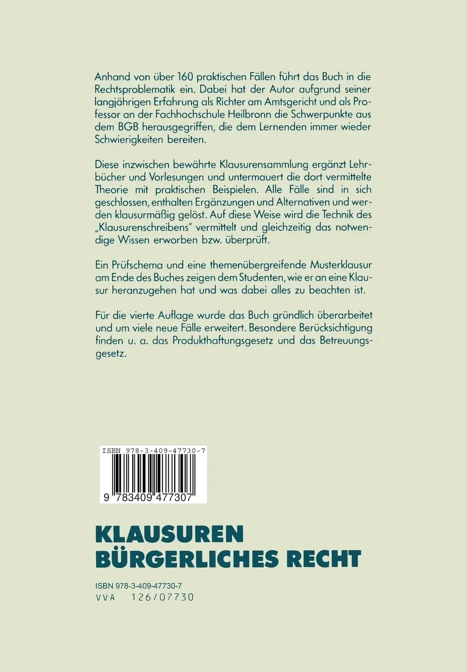 Rückseite: 9783409477307 | Klausuren Bürgerliches Recht | Übungen im BGB | Wolfgang v Stetten