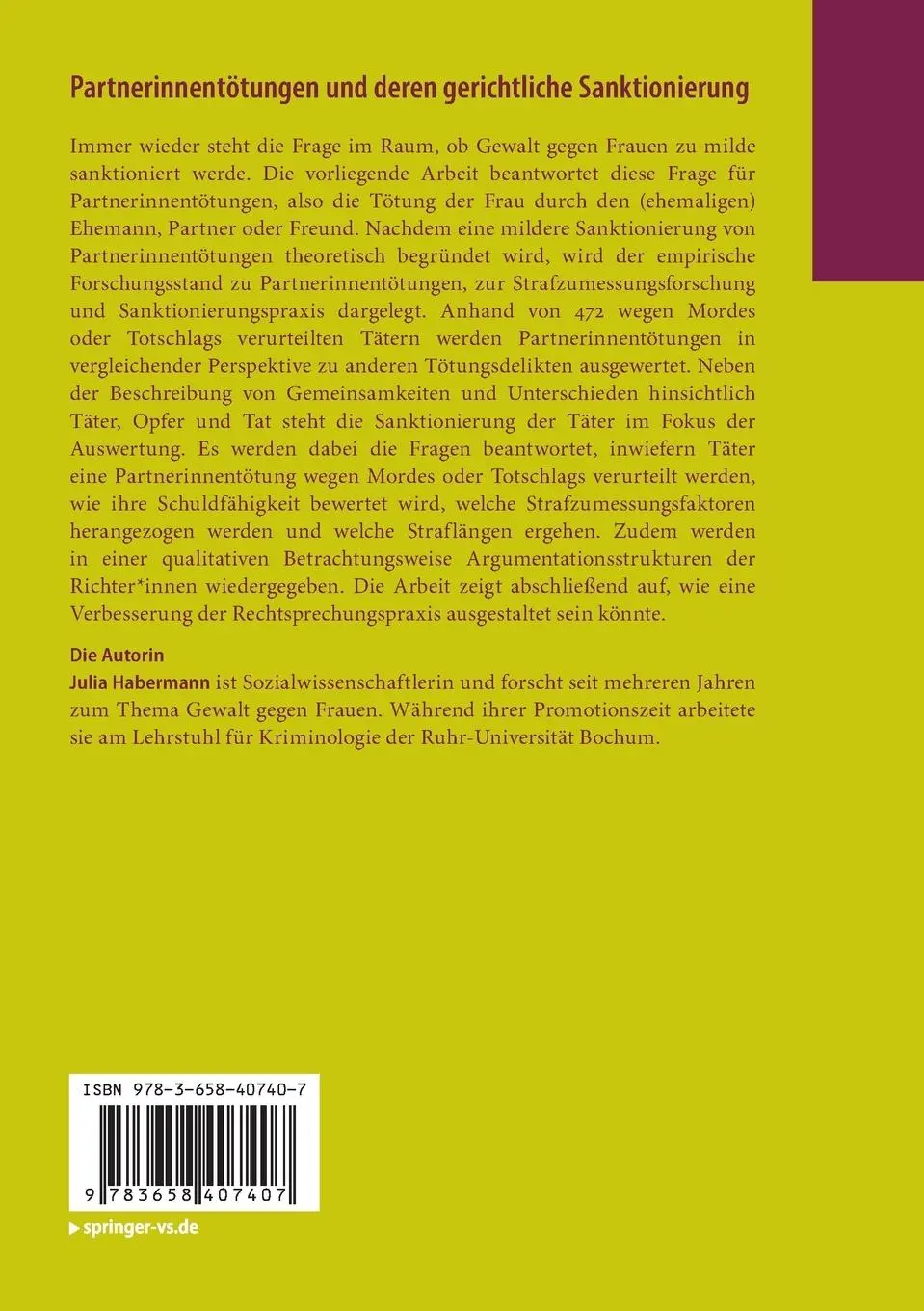 Rückseite: 9783658407407 | Partnerinnentötungen und deren gerichtliche Sanktionierung | Habermann