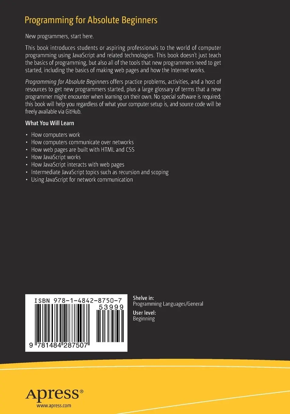Rückseite: 9781484287507 | Programming for Absolute Beginners | Jonathan Bartlett | Taschenbuch