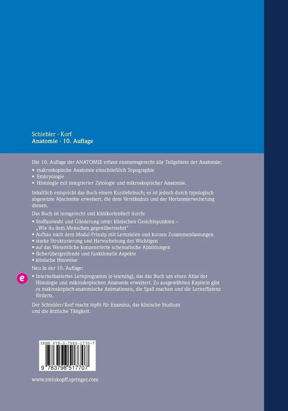 Rückseite: 9783798517707 | Anatomie | Theodor Heinrich Schiebler (u. a.) | Buch | xvii | Deutsch