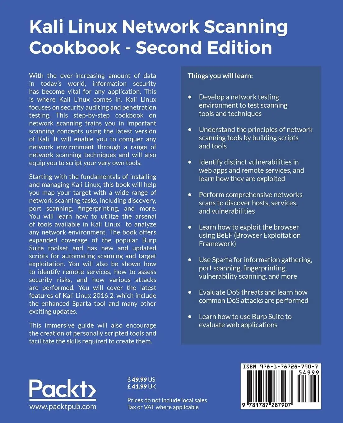 Rückseite: 9781787287907 | Kali Linux Network Scanning Cookbook | Second Edition | Hixon (u. a.)