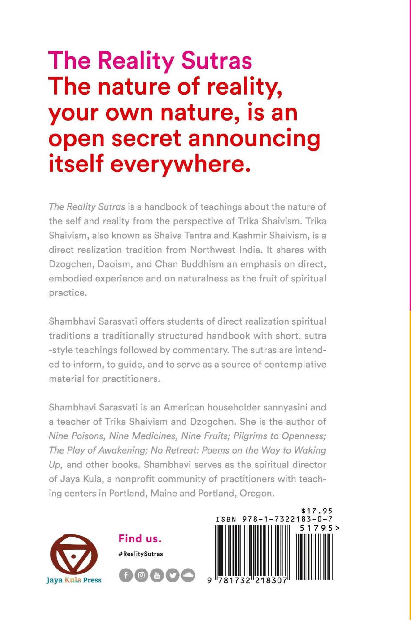 Rückseite: 9781732218307 | The Reality Sutras | Seeking the Heart of Trika Shaivism | Sarasvati