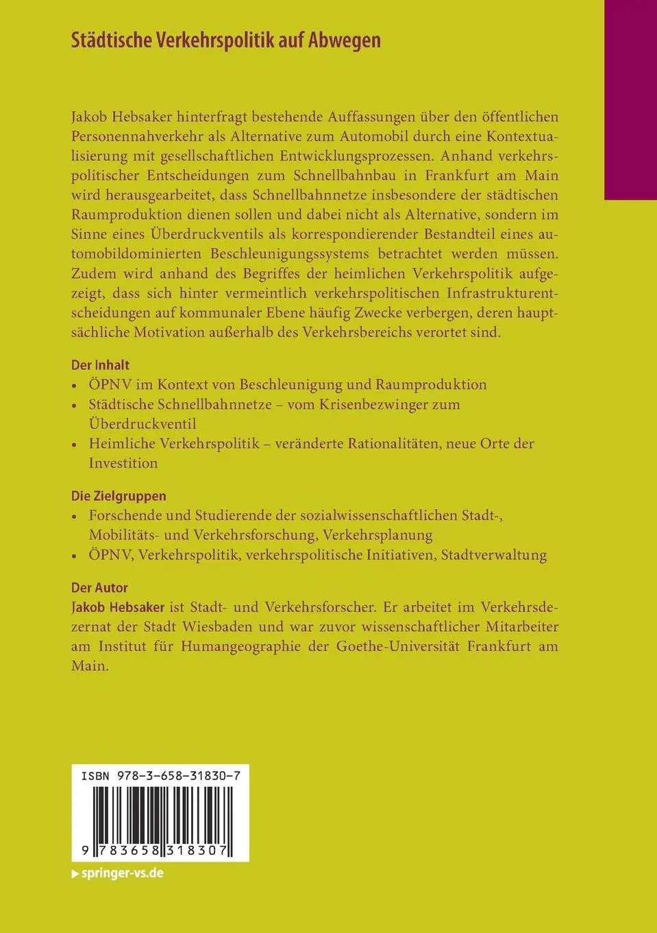 Rückseite: 9783658318307 | Städtische Verkehrspolitik auf Abwegen | Jakob Hebsaker | Taschenbuch