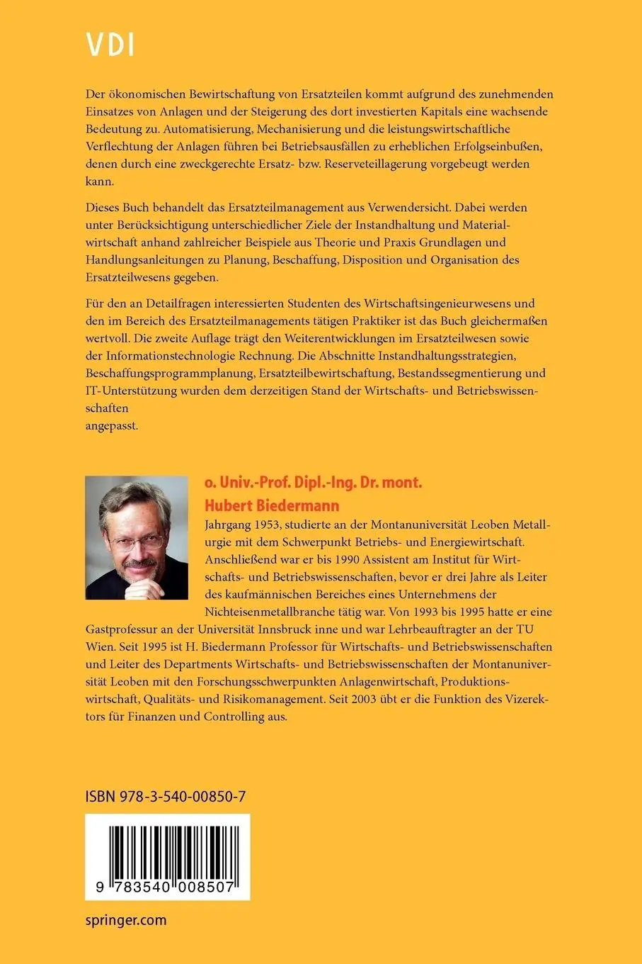Rückseite: 9783540008507 | Ersatzteilmanagement | Hubert Biedermann | Taschenbuch | vi | Deutsch