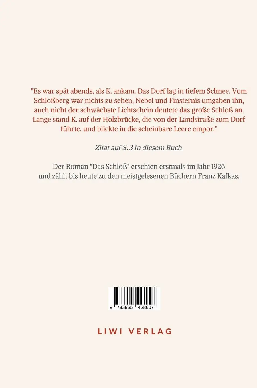 Rückseite: 9783965428607 | Franz Kafka: Das Schloß. Neuausgabe | Franz Kafka | Buch | 240 S.