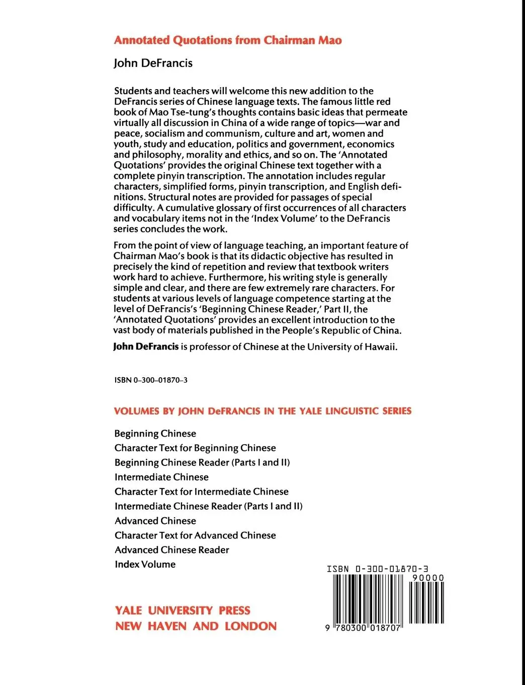 Rückseite: 9780300018707 | Annotated Quotations from Chairman Mao | John Defrancis | Taschenbuch